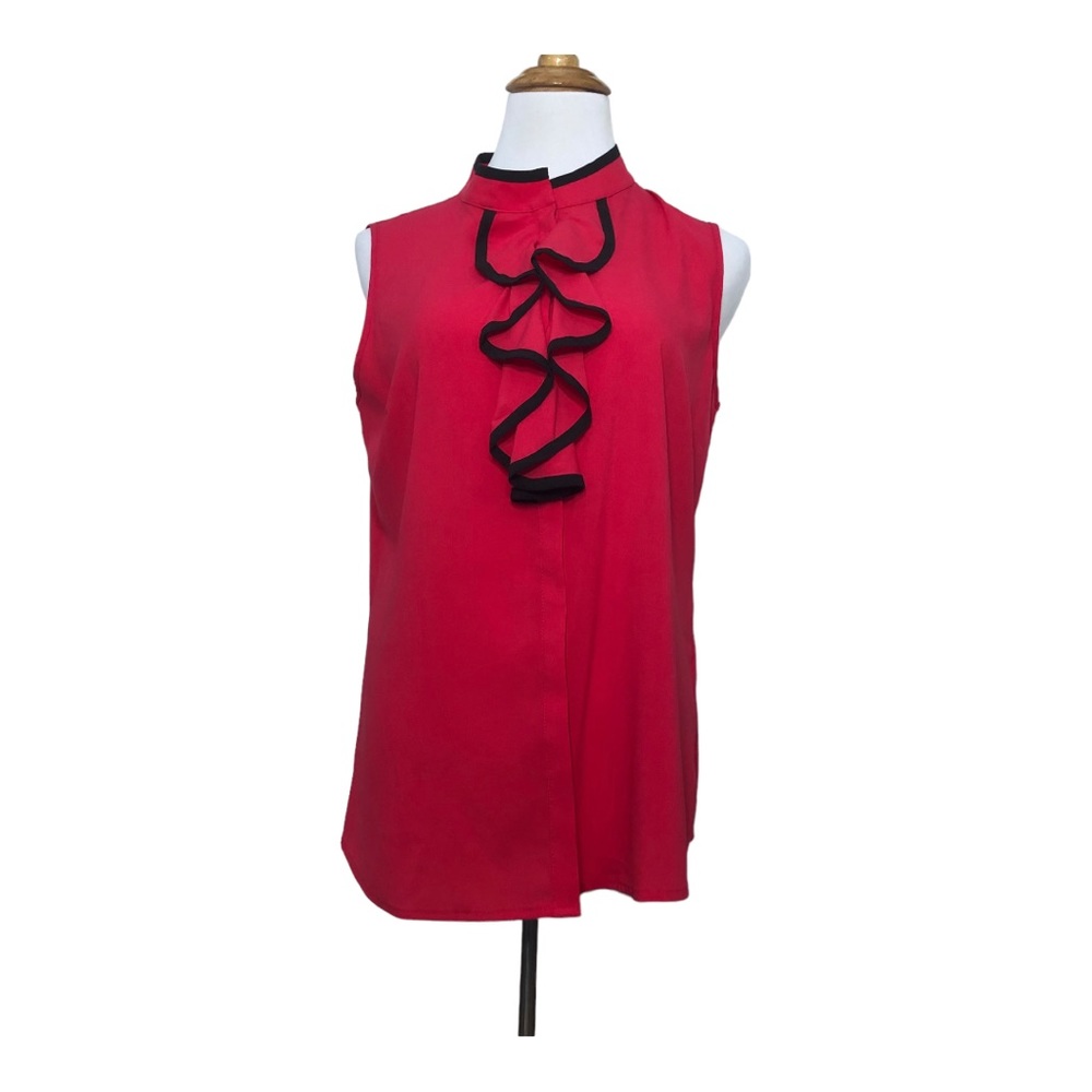 Calvin Klein Sleeveless Piped-Ruffle Button-up Blouse Size M Pink and Black